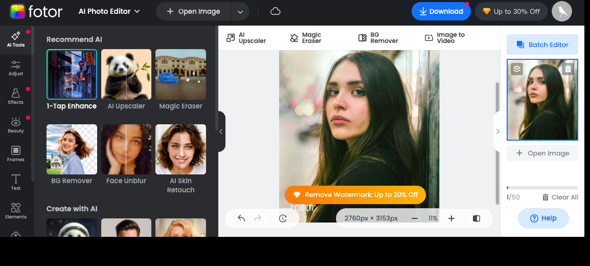 Screenshot of Fotor's online photo editor interface featuring an image of a woman with long dark hair, recommended AI tools on the left, and editing options on the right.