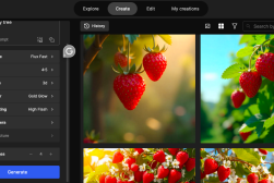 AI interface displaying images of strawberries on plants, with options for size, style, and color adjustments on the left panel.