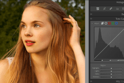 Young woman with long hair looking away thoughtfully, with a photo editing interface displaying tone curve adjustments on the right.