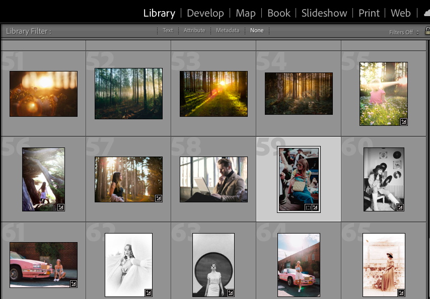 A computer screen displaying a photo editing program with a grid of various images, including nature scenes, people, and vintage cars.