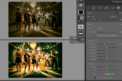 Two images of a group of people dancing at a party, edited for brightness and color using photo editing software. The editing panel with adjustment sliders is visible on the right.