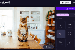 A cat sits on a wooden table in a kitchen, looking directly at the camera. The room features a white cabinet and various kitchenware. The image has "immersity" watermarks overlaid.