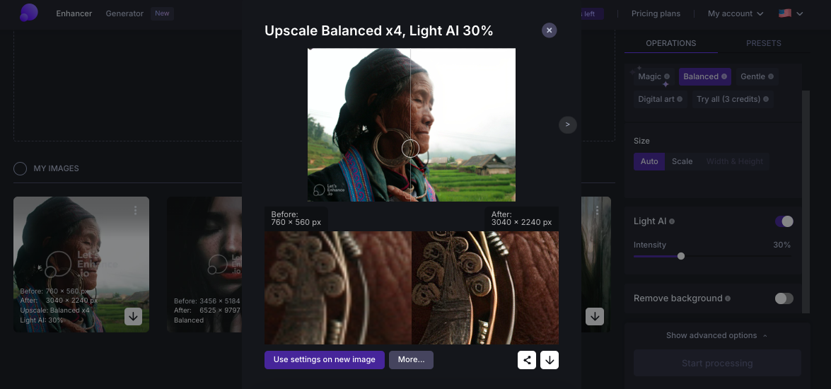 Image editing interface showing a woman in outdoor scenery with before and after comparison of photo quality enhancement.