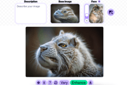 A digitally altered creature with reptile and feline features, combining an iguana's head and a cat's face.