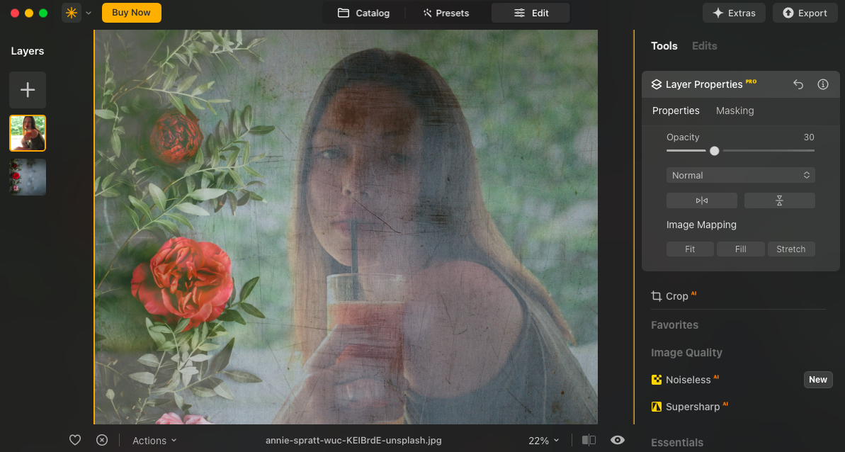 A photo editing interface showing a faded image of a person holding a drink next to flowers. The interface includes editing tools like layers, cropping, and image quality adjustments.