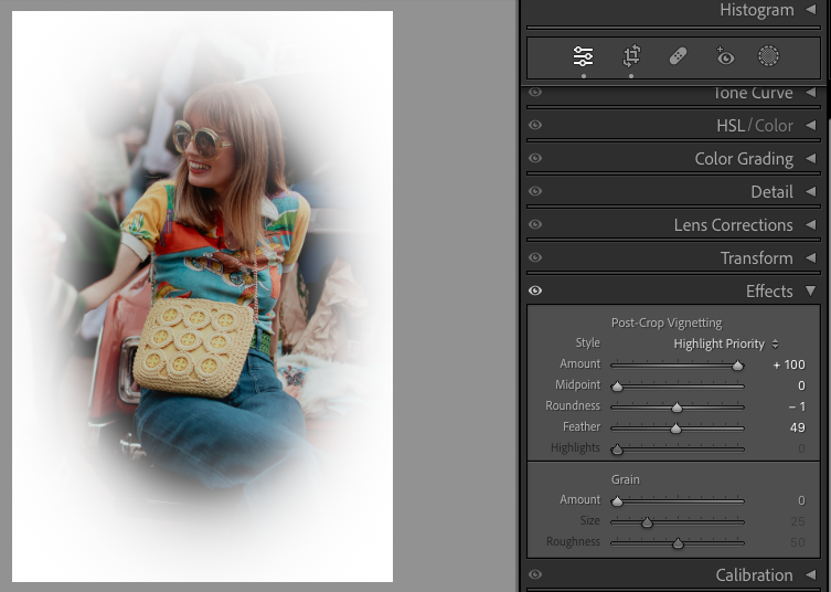 A person wearing colorful clothes, sunglasses, and a woven bag with a smiley face design, sits in a candid pose. Image editing tools are visible on the right side of the photo.