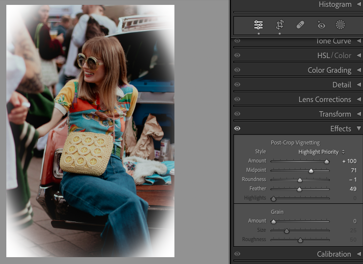 A person with long hair and sunglasses sits on a bench, wearing a colorful shirt and holding a yellow bag. The photo editing interface is visible on the right side of the image.