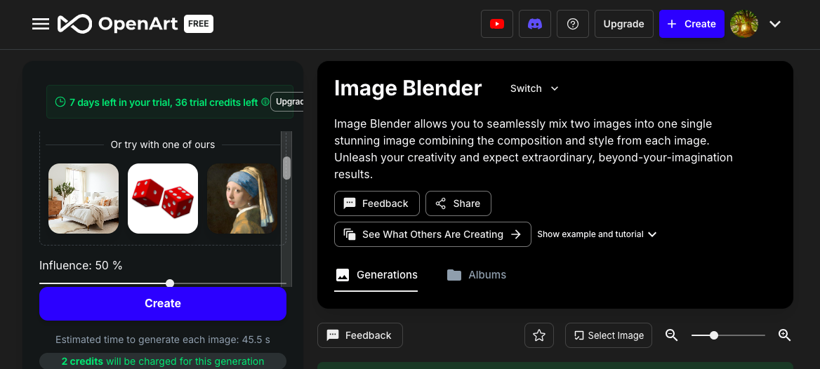 Screenshot of OpenArt's Image Blender page, displaying options for blending images. Includes a "Create" button, sample images, and a section showing 7 days left on a trial with 36 credits remaining.