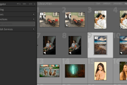 Interface of a photo management software displaying various thumbnail images including a motorcycle, a person cutting vegetables, a beach, and a portrait of a woman.