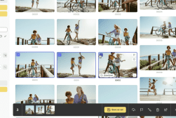A screen displaying a photo editing application with people enjoying outdoor activities such as biking and walking on a beach boardwalk. Various thumbnails of images are shown, with some images selected.