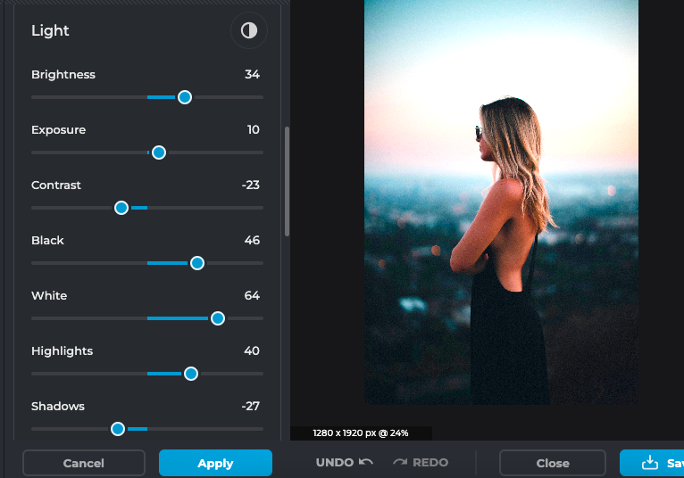 A photo editing interface showing light adjustment sliders on the left and an image of a woman in a black dress standing outdoors on the right. A photo editing interface showing light adjustment sliders on the left and an image of a woman in a black dress standing outdoors on the right.