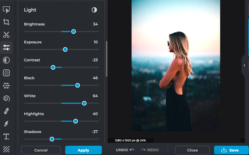 A photo editing interface showing light adjustment sliders on the left and an image of a woman in a black dress standing outdoors on the right.