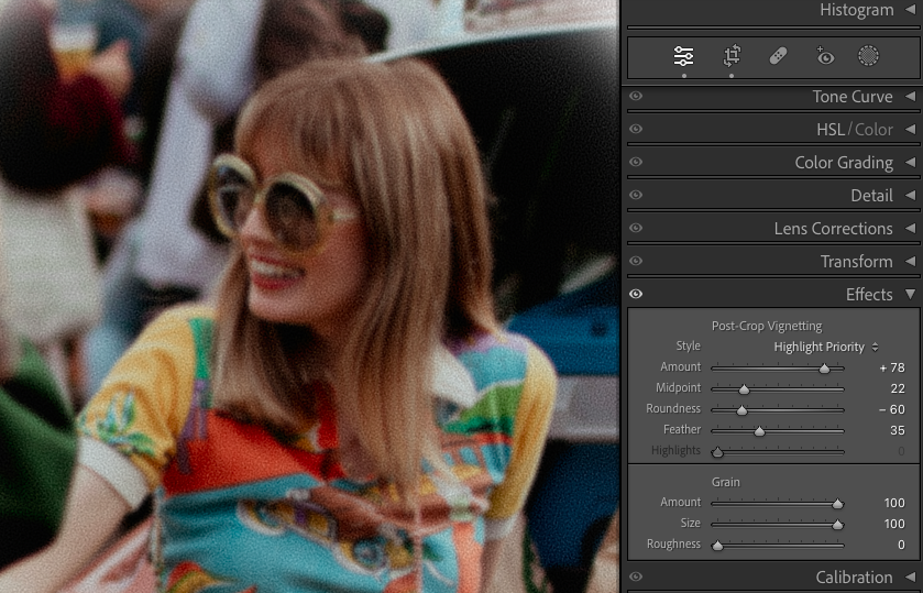 A person with long hair and round sunglasses smiles while wearing a colorful outfit. Editing options are visible on the right side of the image.