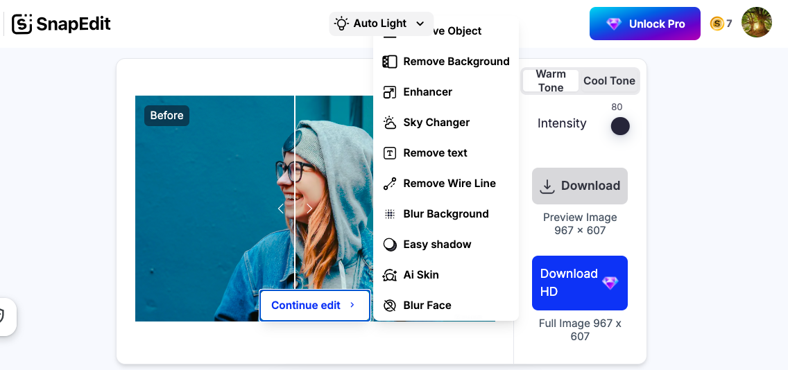 Image editing interface showing a split photo of a person in a gray beanie. Left side unedited, right side edited. Options available: remove background, enhance, blur, and download.