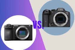 Two digital cameras side by side: a Sony camera on the left and a Canon on the right, separated by "VS" text, set against a split blue and purple background.
