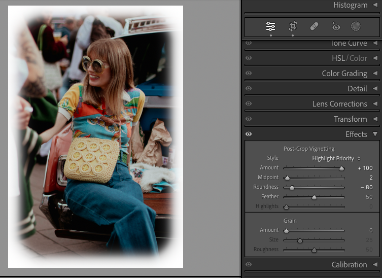 A person with glasses sits, wearing a colorful shirt and blue jeans, carrying a crocheted bag. Photo editing interface with various adjustment settings is visible on the right side.
