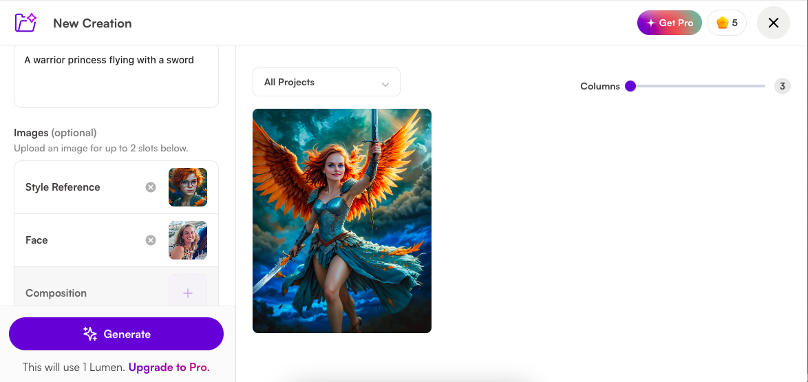 Digital artwork of a warrior princess with orange wings, holding a sword, flying in a vibrant sky.