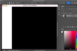 Screenshot of the Photoshop 2024 interface with a black canvas open in the workspace. Various tools are visible on the right, including layers, properties, and color swatches.