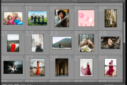 A photo library interface displaying a variety of images including portraits, landscapes, and themed photoshoots, with thumbnails organized in a grid.