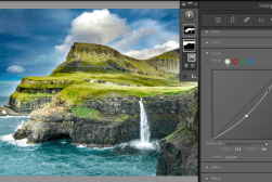 Screenshot of a photo editing software interface displaying a coastal landscape with cliffs and a grassy plateau, with tools visible for adjusting image tones and colors.