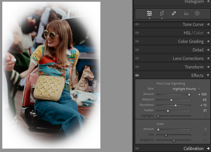 A woman wearing sunglasses and a colorful top sits on a bench holding a bag with a smiley face pattern. Image editing software interface with adjustment sliders is visible on the right side.