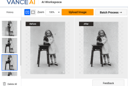 Side-by-side comparison of a black-and-white photo showing a young girl standing next to a small table, with noticeable quality enhancement in the "After" image.