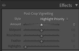 Screenshot of Lightroom's Post-Crop Vignetting settings, showing sliders for Amount, Midpoint, Roundness, Feather, and Highlights, with Highlight Priority selected under Style.