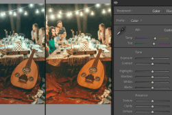 Photo editing process showcasing the adjustment of color temperature and tint in a photo of a festive outdoor dinner party.