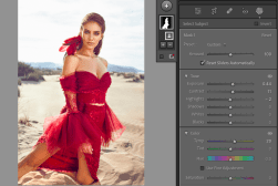 A woman in a red dress with a feathered accessory poses on a sandy beach, with photo editing tools visible on the right.