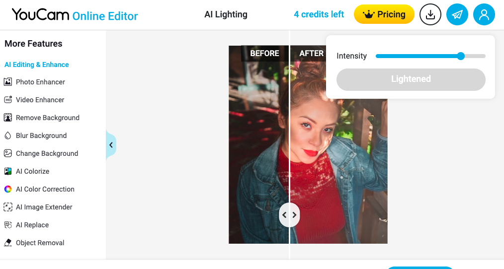 Screenshot of YouCam Online Editor showing an "AI Lighting" feature with a "BEFORE" and "AFTER" image of a woman. An intensity slider is set to lightened. Additional editing options are listed on the left.